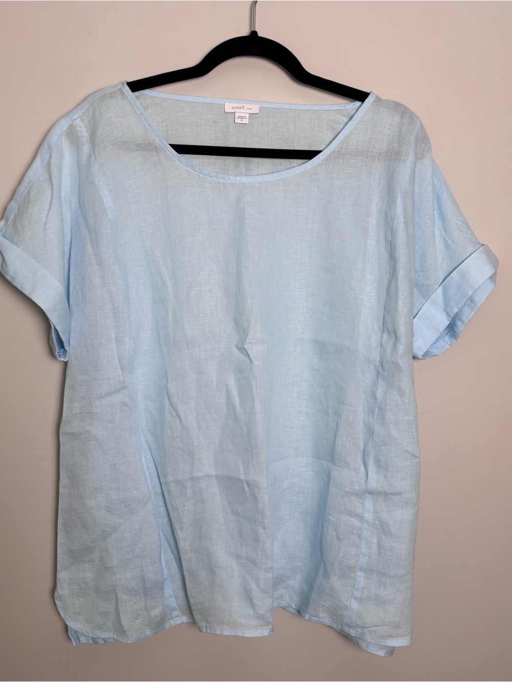 Pure Jill J.Jill Linen Relaxed Fit Short Cuff Sleeve Top-Light Blue-Size Medium
